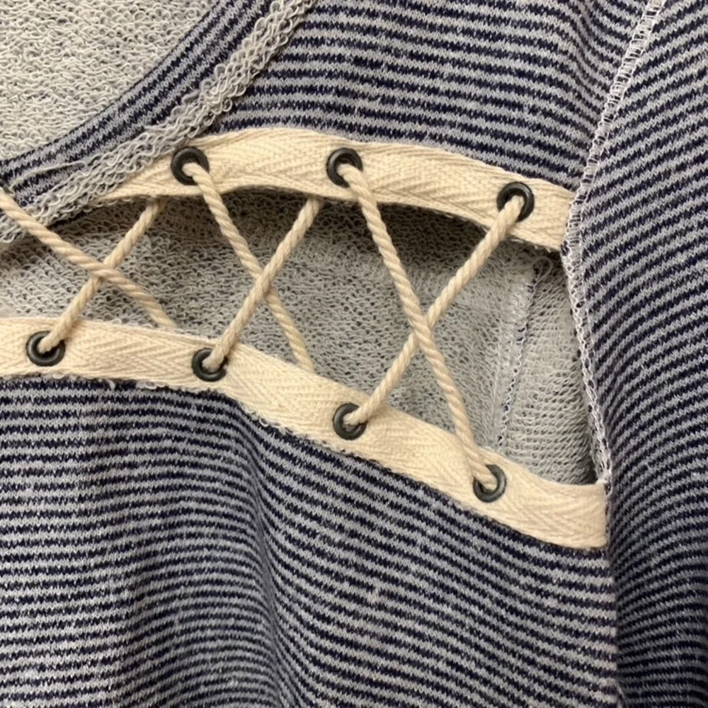 Free People Lace Up Thermal Top Boho Knit Pullover Long Sleeve Gray